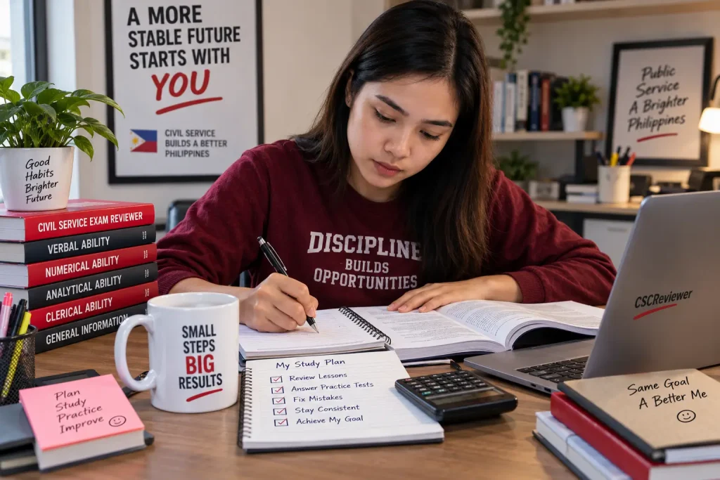Civil Service Exam candidate studying reviewer materials and writing notes at a desk